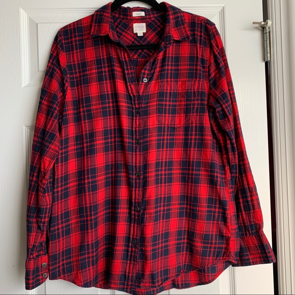 J Crew boy fit red and navy plaid buttondown